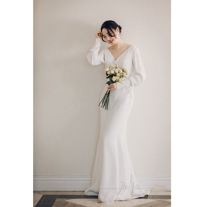 ウエディングドレス 長袖 白 二次会 結婚式ドレス 安い エンパイア 花嫁 フォトウエディング ビー