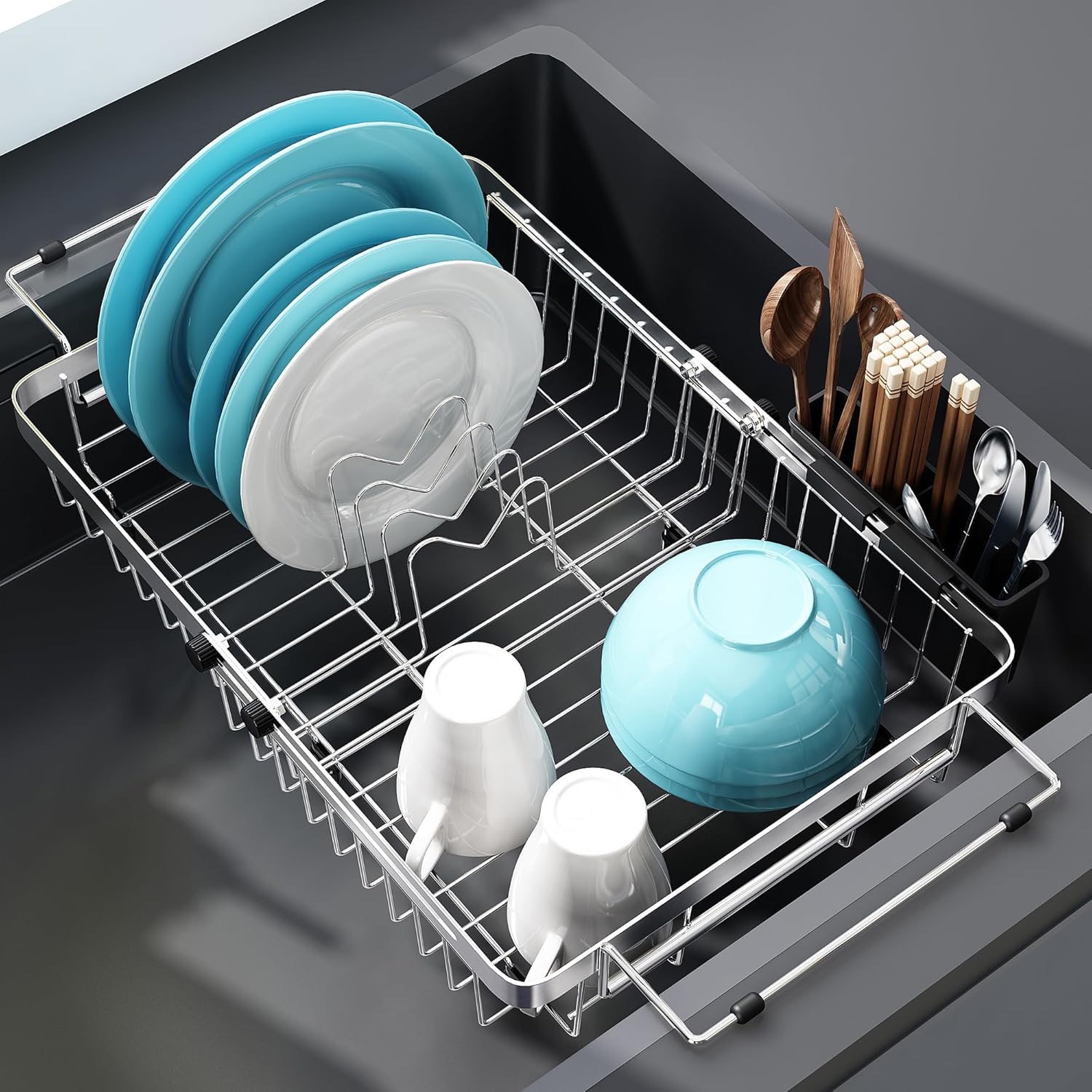 水切りラック 食器かご 洗い物ラック 伸縮式 スリム コンパクトサイズ調整 ステンレス 錆び防止 高耐荷重 シンク上 シンク内 流し台 長さ29-44.5x幅30x高さ10.5CM シルバー