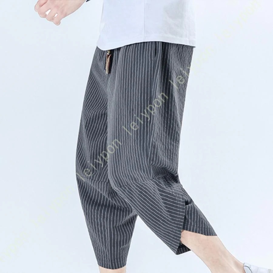 涼感 七分丈 コットンパンツ イージーパンツ ハーフパンツ メンズ レディース 綿パンツ スリット ひざ下 ストライプ ウェア サルエル クロップドパンツ