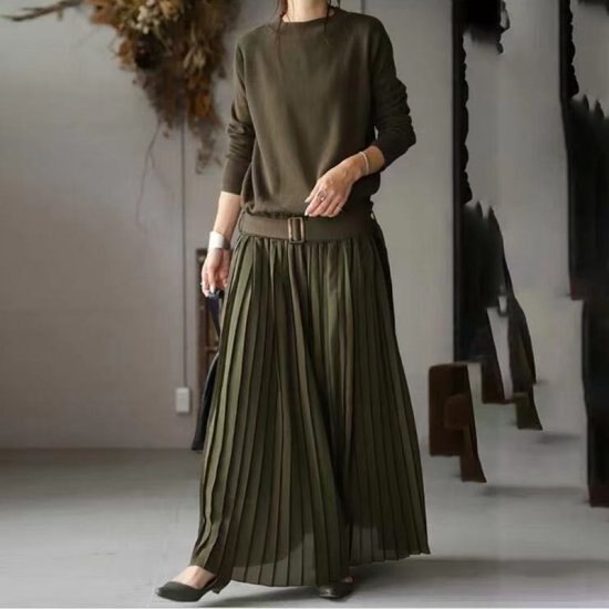 【取寄：納期2週間】ワンピース レディース ロング 異素材 切替 ベルト付き 長袖 ニット プリーツ ドッキングワンピ ワンピース レディース ロング 異素材 切替 ベルト付き 長袖 ニット プリーツ