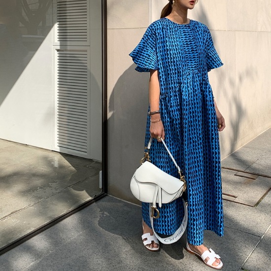 【取寄：納期2週間】ワンピース レディース プリント柄 大きいサイズ 半袖 夏 ポリエステル ロング丈