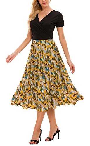 【絶品】 Floral Wrap Dress Contrast Vintage [sb]Womens Party Yellow)[USA] 2 (S， Dress 半袖ミニ・膝丈ワンピ