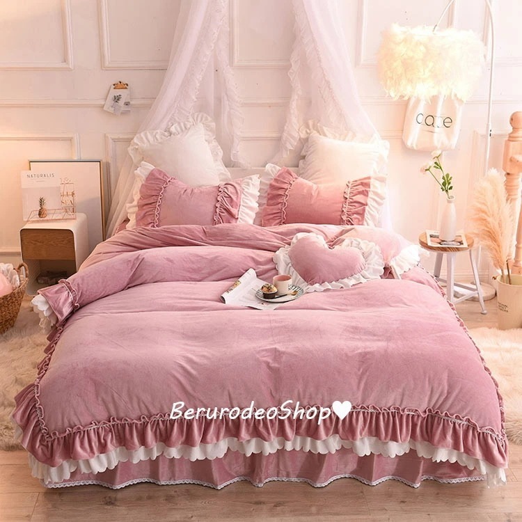 布団カバーセット 韓国風 フリル 冬 寝具カバーセット 3点セット 4点セット ベッド用品 可愛い オシャレ ピンク グリーン 白 無地 掛け布団カバー 敷きカバー 枕カバー フランネル 暖か 和式