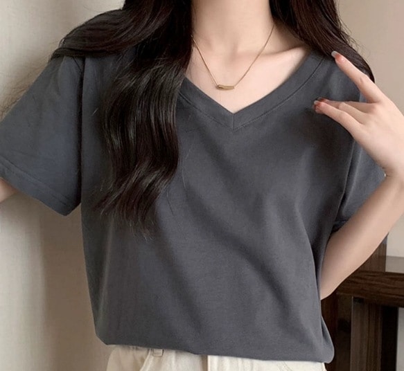 レディース トップス ロンT カットソー Tシャツ 半袖 Vネック ストレート シンプル カジュアル ラフ メンズライク ボーイッシュ ルーズ クール ナチュラル 無地 夏 10代 20代 30代