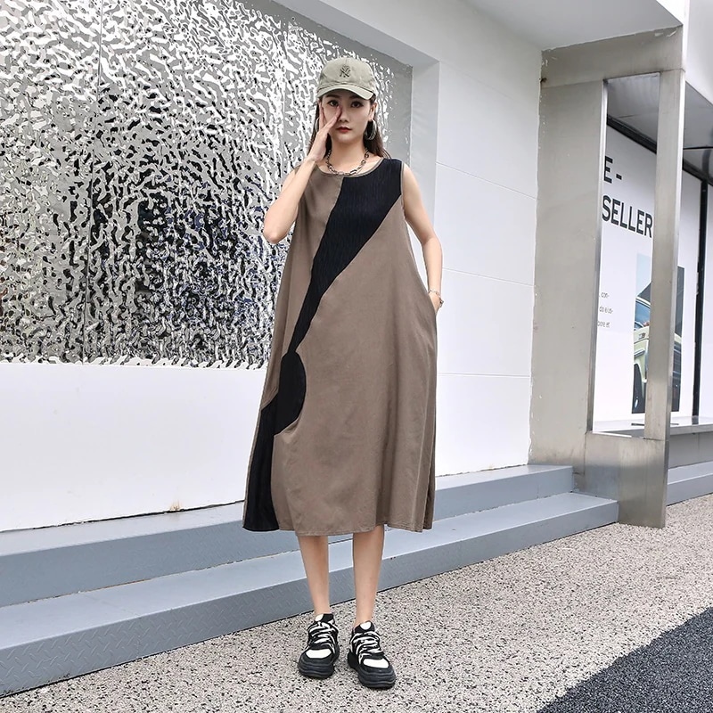 ワンピースブランド夏服レディースタンクトップワンピースゆったり着痩せ効果韓国ファッションカジュアルブランド コントラストカラー設計