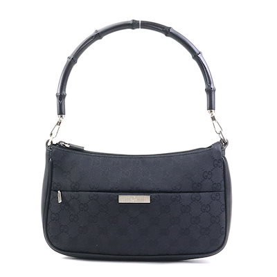 GUCCI / グッチ バンブー GG セミショルダー トートバッグ ナイロン レザー 黒 ブランド 中古 GUCCI グッチ バンブー ホワイト ベージュ シルバー金具 GGキャンバス