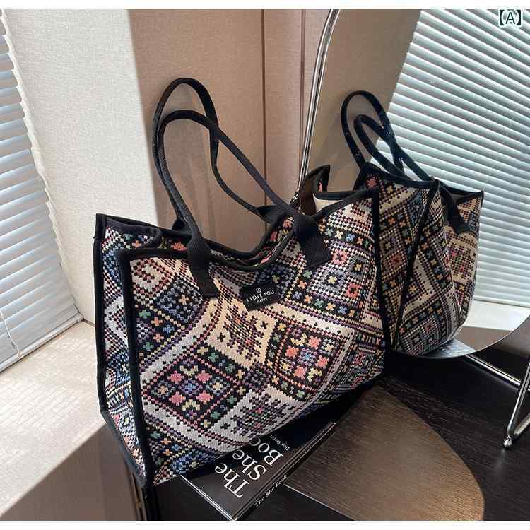 エスニック バッグ トート 鞄 レディース アジアングッズ 民族風 ショルダー カバン カジュアル 旅行 ショッピング キャンバス レトロ ファスナー開閉 大容量 おしゃれ 青 黒 赤