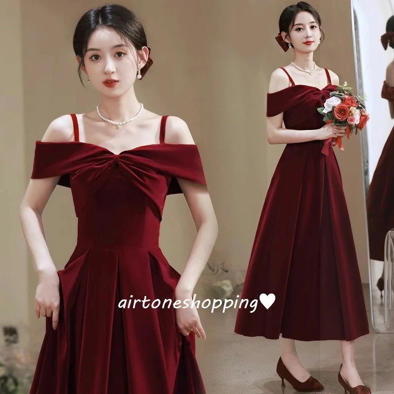 【NEWカラー追加】結婚式ドレス 二次会ドレス ゲストドレス オフショルダー ワイン赤 ベロア ベルベット キャミドレス ワインレッド オシャレ 可愛い 結婚式 二次会 ロングドレス イブニングドレス