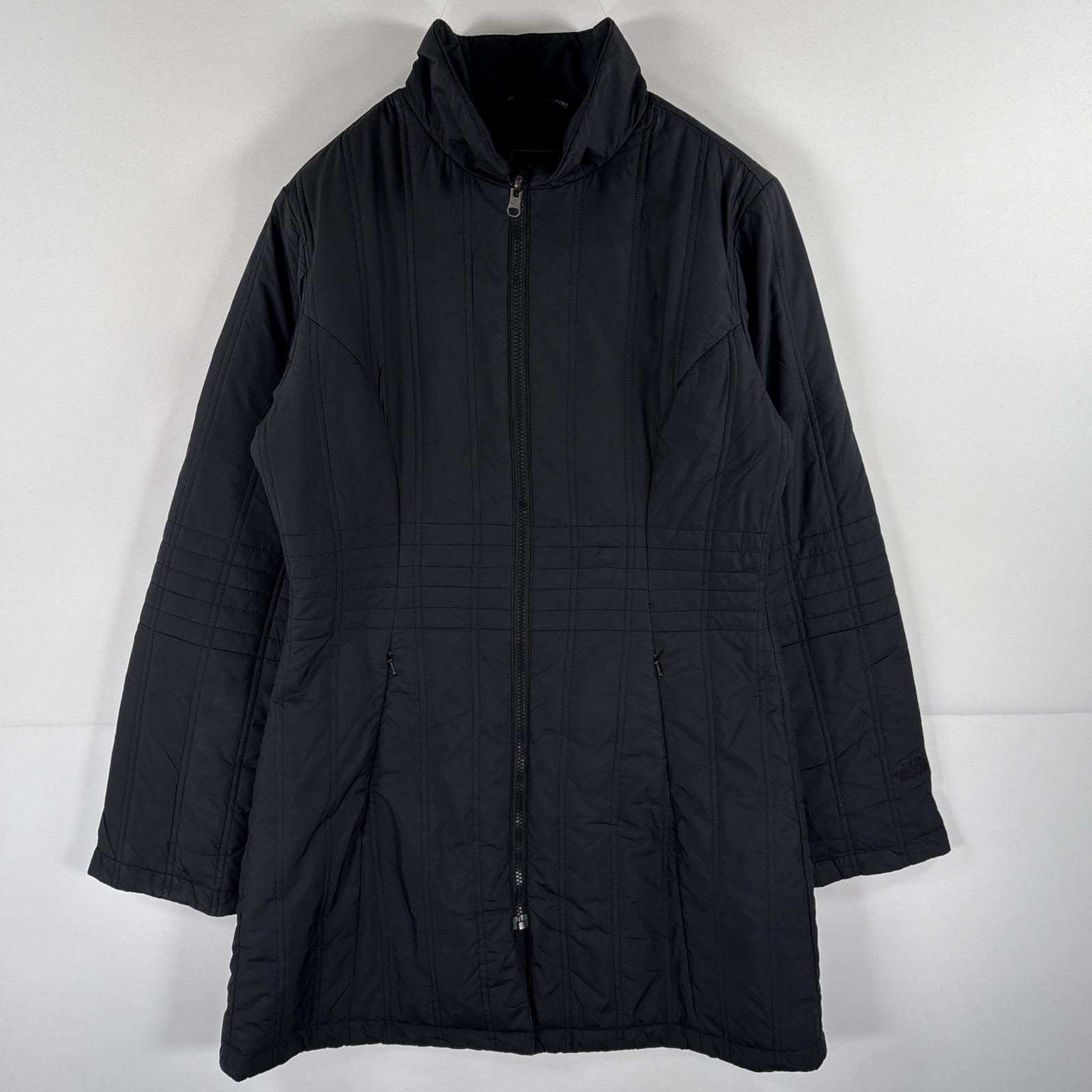 古着 ロングナイロンジャケット 中綿キルティング フルジップ 袖ロゴ刺繍 M ブラック レディース