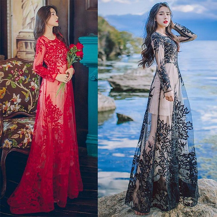 ロングドレス 総レース 長袖 刺繡 ストレッチ ラウンドネック Aライン バラ柄 レディース ドレス