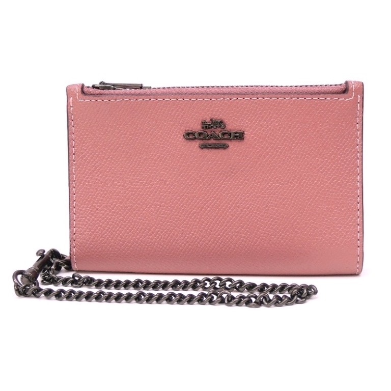 コーチ COACH ジップチェーンカードケース カード＆コインケース ピンク レザー 【中古】(68873)