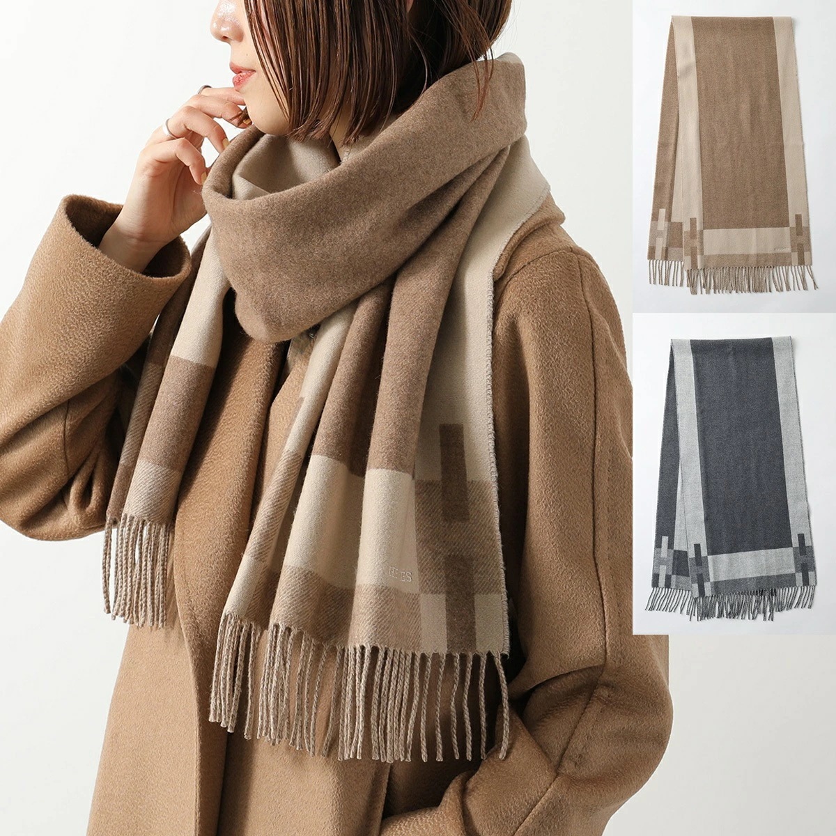 HERMES エルメス マフラー 170×40 Hパッサン H Passant scarf H393870T レディース メンズ カシミヤ ストール フリンジ バイカラー ロゴ 刺繍 カラー2色