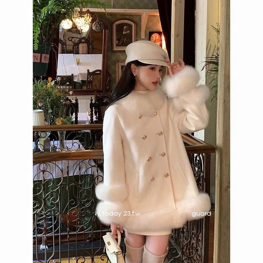 クリスマス秋冬キツネの毛をかたどったジョイント2024新型ダブルバックル厚手のラシャコート