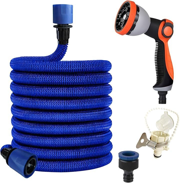 伸びるホース 散水ホース3倍伸びる 洗車 水やり 庭 ベランダ 園芸 花壇 大掃除用 (ブルー, 10Mから30Mまで)