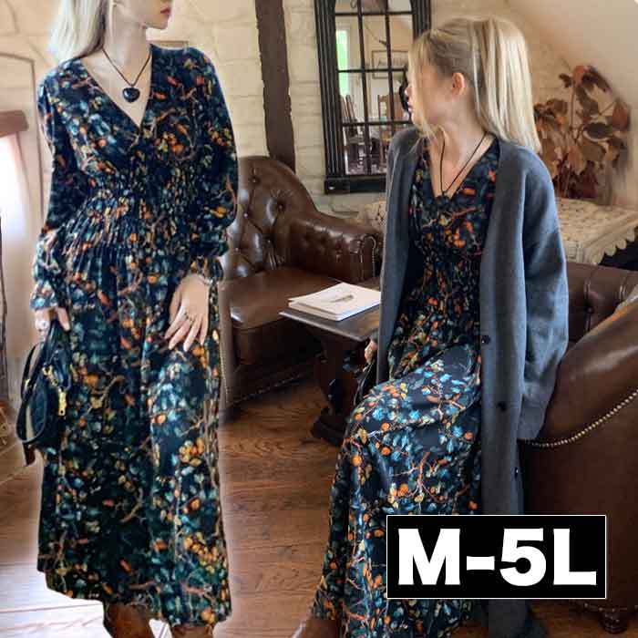 大きいサイズレディース ワンピース 全柄プリント ロングワンピース マキシワンピース マキシ丈 カジュアルワンピース フレア 大人 大人可愛い 長袖 きれいめ 服 可愛い 秋冬 春夏 春物 春ワン