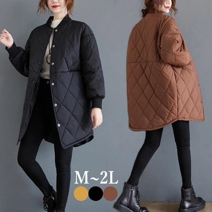 キルティング中綿コート　中綿コート　レディース アウター キルティング ロングコート　ロング　ミディアム　カジュアル　軽い 暖かい 　ゆったり　大きいサイズ 秋　冬　M L　2L今日は30パーセント