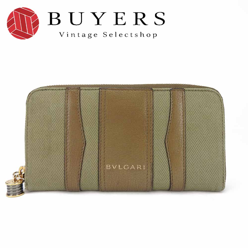 中古 BVLGARI ブルガリ B-zero1 ラウンドファスナー長財布 ロング ウォレット ジップ ジッピー カーキ ブラウン ビーゼロレザー キャンバス レディース 女性 Zip Wallet L