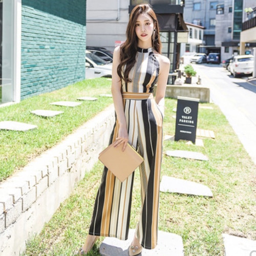 ストライプ ハイウエスト オールインワン ノースリーブ ワイドレッグパンツ A1203