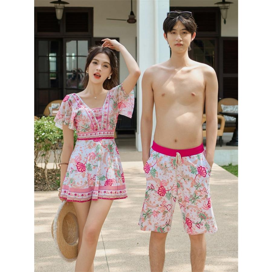 サーフパンツ 男女ビーチウェア 柄物 ワンピース水着 夏ペアルック ショートパンツ メンズ 海パン 旅行 レディース ピンク 水着セット カップル水着