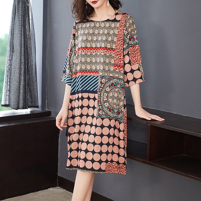 おしゃれ レトロ かわいい ドット柄 涼しい ガーリー 総柄 ママ食事会 細見え ラウンドネック 春夏 秋 エスニック リゾート 上品 七分袖 ワンピース 膝丈 きれいめ 大きいサイズ