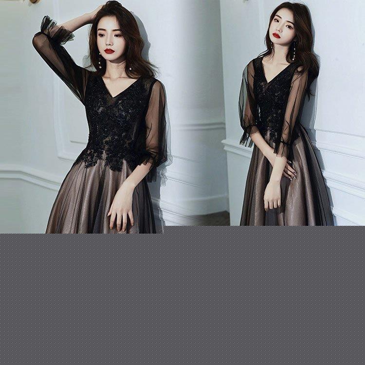 イブニングドレス 黒 30代 40代 ロングドレス Vネック キャミドレス 2タイプ 発表会ドレス チュール 7分袖 パーティードレス 結婚式ドレス 二次会ドレス