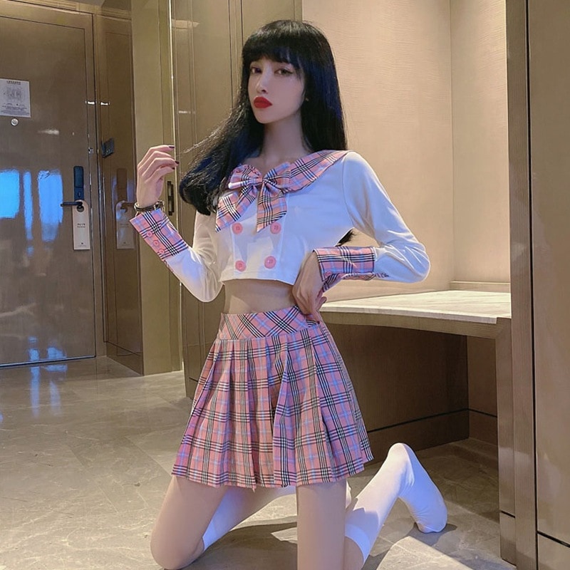 【1つ買うと10つ無料】女性のjkユニフォームの長袖シャツ +プリーツスカート2ピースセット