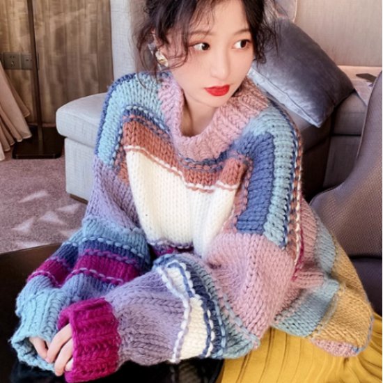 ニットセーター レディース トップス ニット セーター 長袖 カラフル レインボーカラー ボーダー ルーズ カジュアル お出かけ おしゃれ ファッション 女性 秋冬 ざっくり 厚手 暖かい