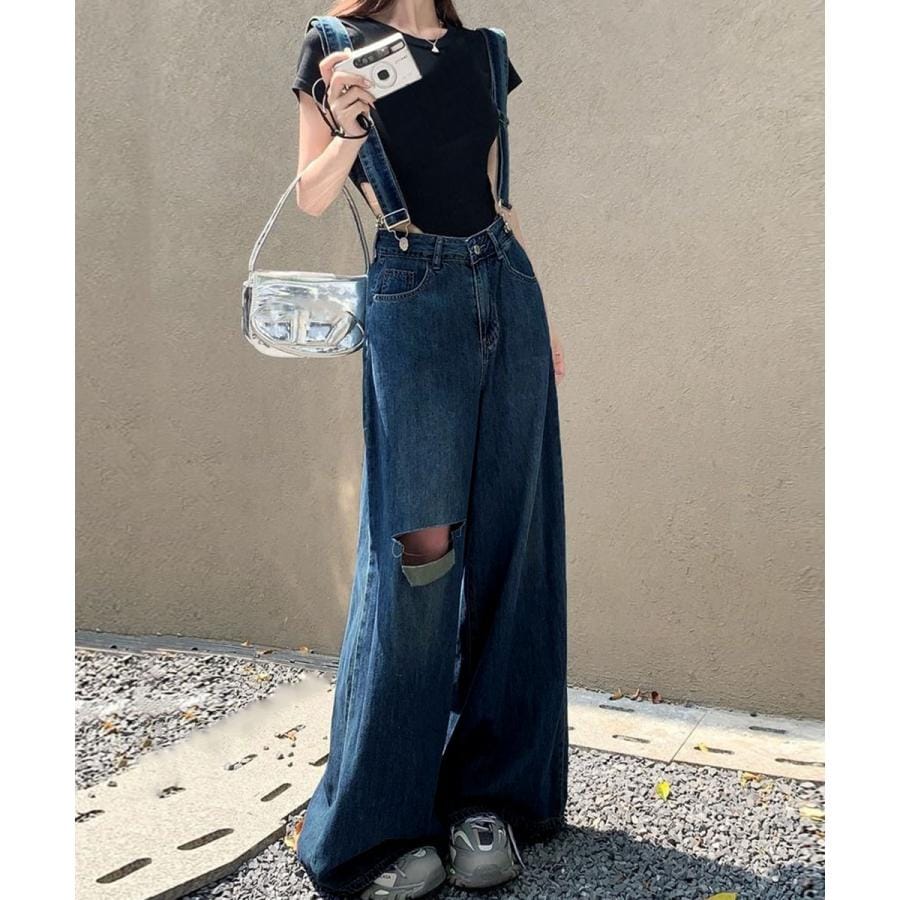 【急速出荷!】人気沸騰 大人気レディースパンツ サス付デニムワイドパンツ ハイウエスト