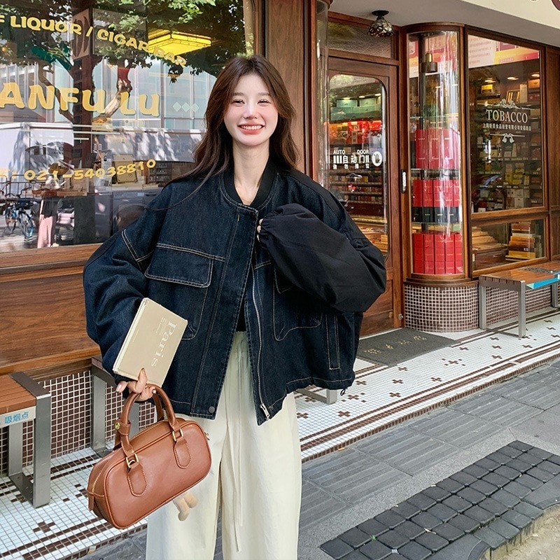 2024秋レトロ韓国文学香港スタイルスプライシングルーズポケットデニムジャケットワイドパンツスーツ