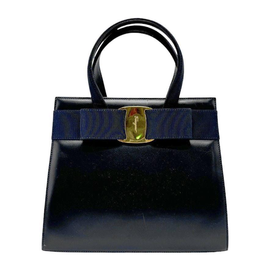 サルヴァトーレフェラガモ Salvatore Ferragamo ハンドバッグ ショルダーバッグ ヴァラリボン レザー ネイビー ゴールド レディース n0640