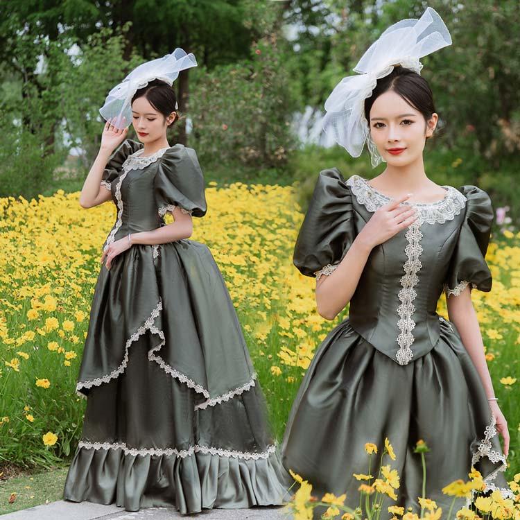 【一部分3日内出荷】貴族 衣装 王族服 カラードレス 貴族ドレス ステージ衣装としても最適 ビリジャン お姫様ドレス+頭飾り bustle 中世貴族風 しりもちドレス