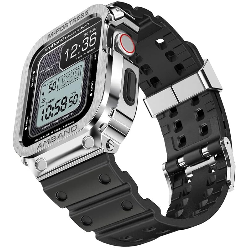 【2022改良モデル】 コンパチブル Apple Watch バンド 45mm ステンレス鋼ケース付き 頑丈なメンズTPUベルト 一体型 アップルウォッチ バンド スポーツバンド iWatch Ser