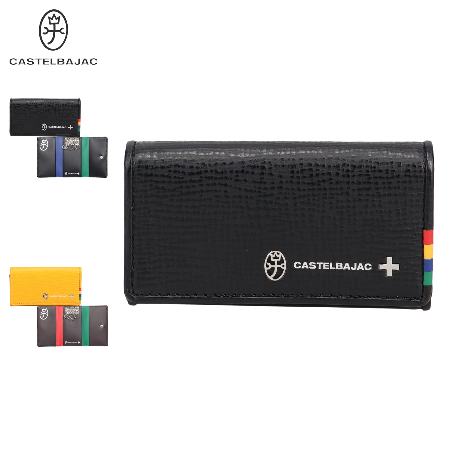 キーケース 名刺入れ プレス メンズ レディース 本革 軽量 小型 ブラック イエロー 黒 57613