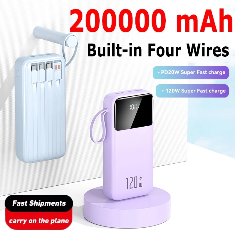 4本のワイヤーを内蔵した超高速充電パワーバンク超大容量モバイル電源デジタルディスプレイバッテリー200000mah120w - 509