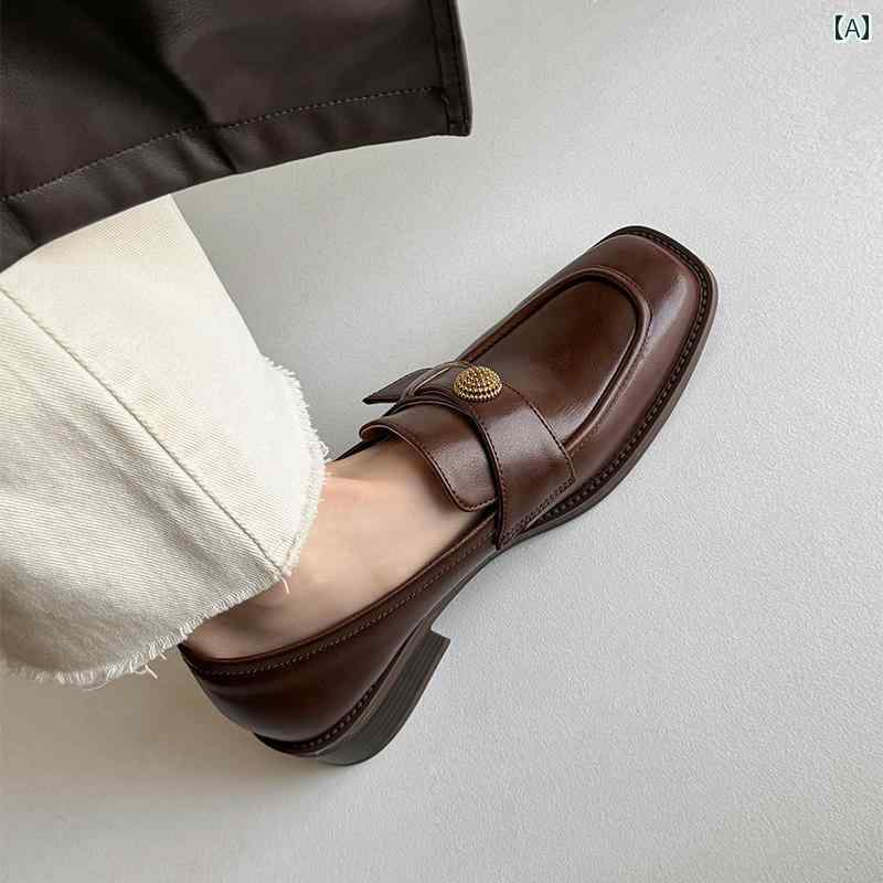 ローファー レディース オフィス 通勤 仕事 ブラウン 革 スクエアトゥ 太め ヒール 女性用 英国風 深口 シングル シューズ ミディアム ヒール 女性用