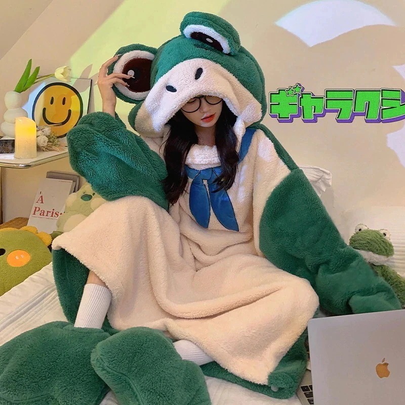 本限定秋冬可愛いパジャマレディース着ぐるみパジャマキャラクター珊瑚絨毯女パジャマカエル連体秋冬女パーティー変な連帽スリーパー30%までに制限