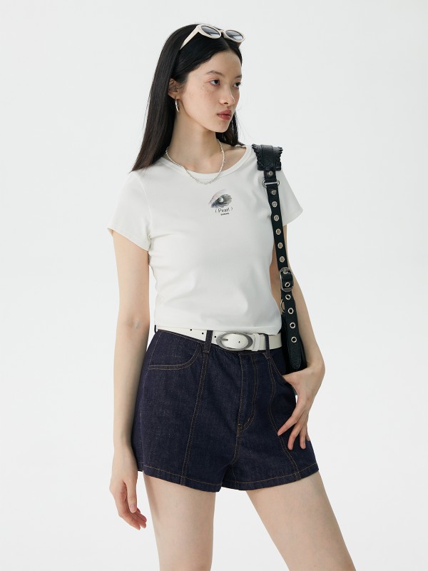 オーモント エッグタルト シェルプリント ショルダーTシャツ レディース 夏新作 スリムフィット 半袖トップス