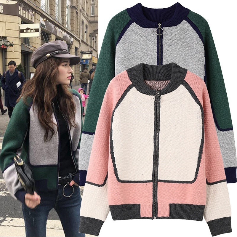 レディース 長袖 カットソー マルチカラー配色 ジッパー ニット カーディガン ジャケット 大きいサイズ ポロシャツ