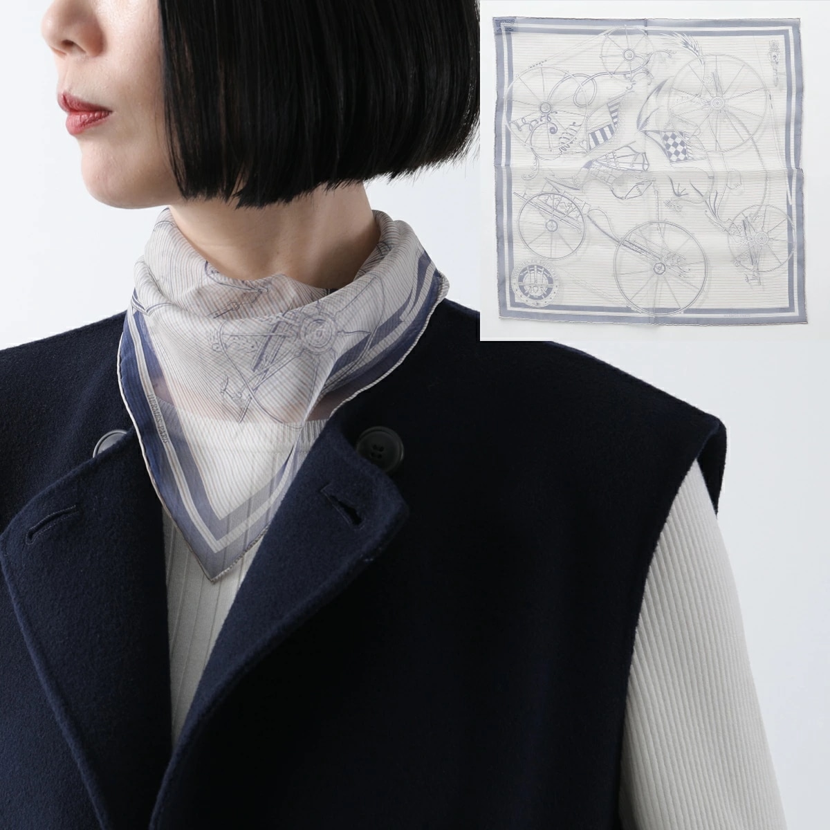 HERMES エルメス スカーフ ガヴロッシュ GAVROCHE TWILL 45×45 シルク ミニスカーフ シアー ロゴ ケース付き ライトグレー×ネイビー