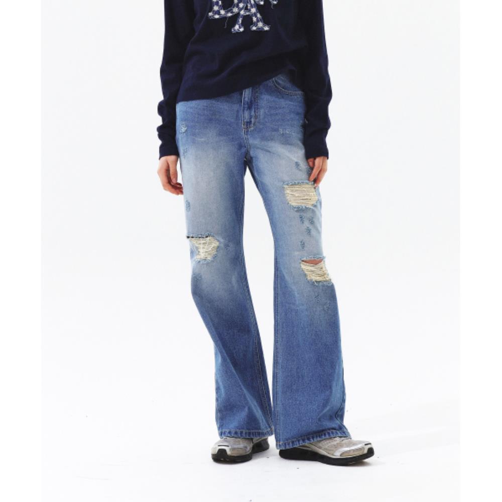 PRENDA DESTROYED WIDE DENIM PANTS WASHED BLUE PRTFSSDP05