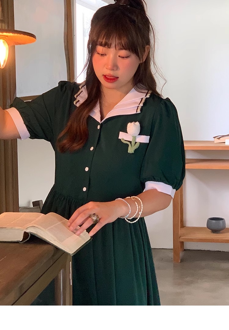 ダークグリーン チューリップ シャツ ワンピース 大きいサイズ ウエスト アート レトロ 個性的 ワンピース 膝下 袖あり 5分袖 五分袖 Vネック 襟付き かわいい 大人可愛い シンプル 大人