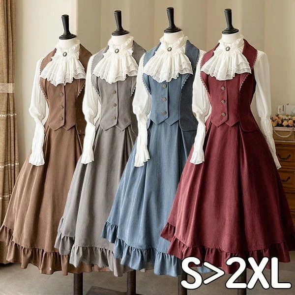 ロリータ スカート ベスト シャツ追加可 レディース ロング イギリス風 lolita エレガント クラシック フレアスカート 可愛い 大人 ハイウエスト レッド ブルー ブラウン S M L グレー