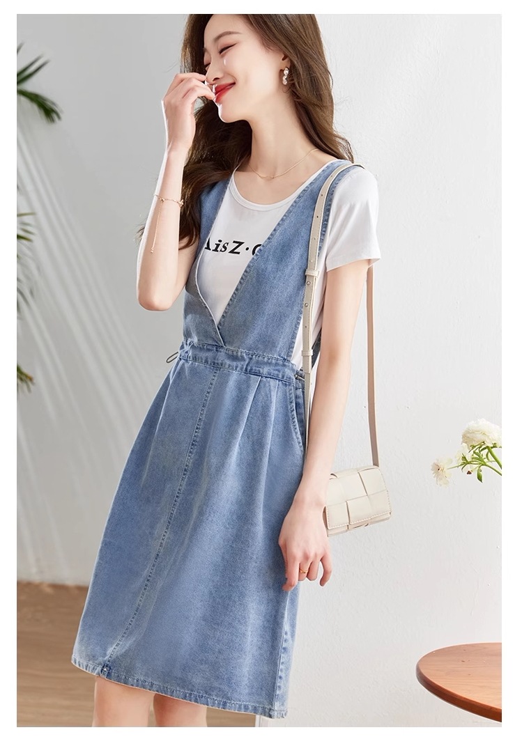 デニム ストラップ ドレス スカート 女性 夏 ファッション スリム スタイル トレンディ 個性的 ワンピース 膝丈 ひざ丈 袖なし ノースリーブ 襟なし きれいめ シンプル カジュアル 大人 上品