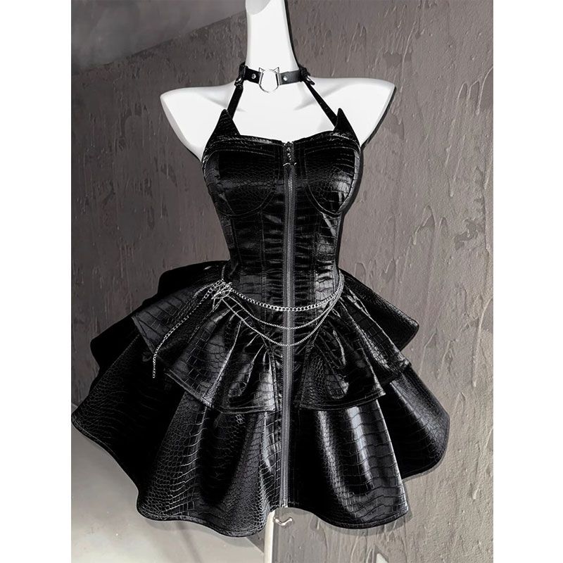 2024 新年黒革スカート冬インナードレス秋冬モデル女の子のためのウエストウエスト ドレス