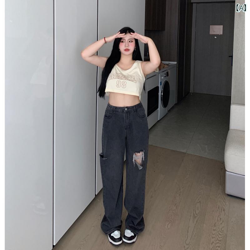 デニムパンツ レディース ダメージ ジーンズ クラッシュ ボトムス 大きめサイズ 秋 ストレート ハイウエスト カジュアル 韓国 グレー