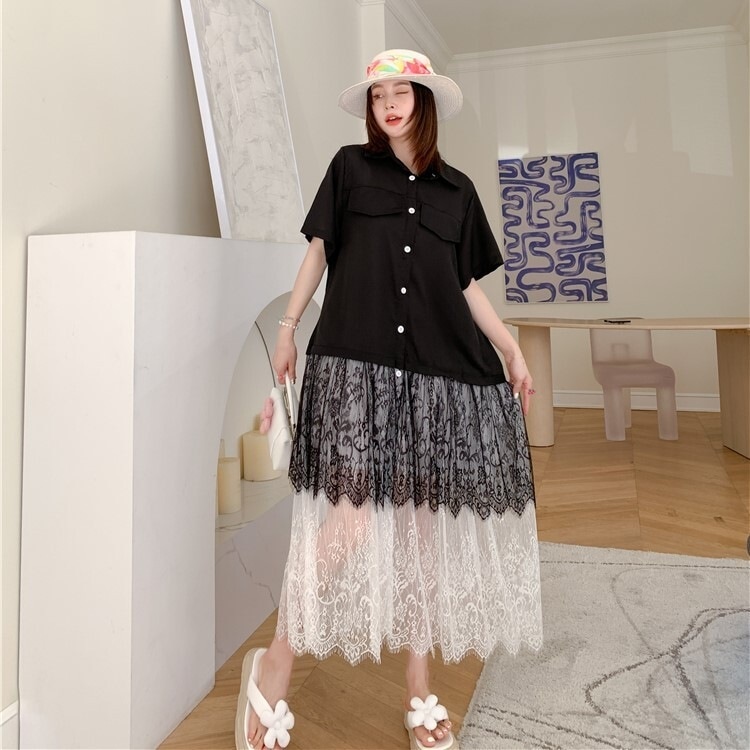 ワンピース シャツワンピース ロング丈 マキシ丈 半袖 襟付き レース ドッキング かわいい 大人可愛い きれいめ シンプル カジュアル 大人 上品 おしゃれ かっこいい 大人女子 こなれ感 キュート