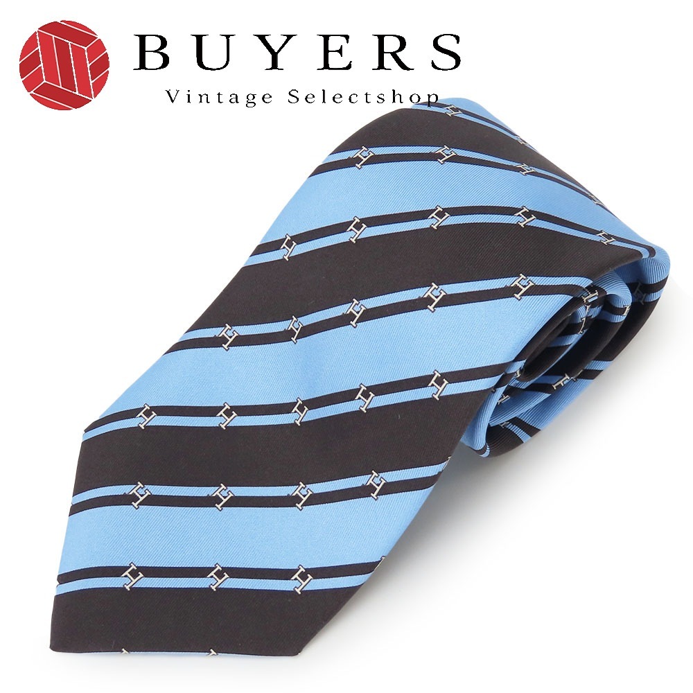 中古 ネクタイ Hロゴ シルク ブルー系 ダークブラウン レジメンタル スーツ ビジネス メンズ 男性