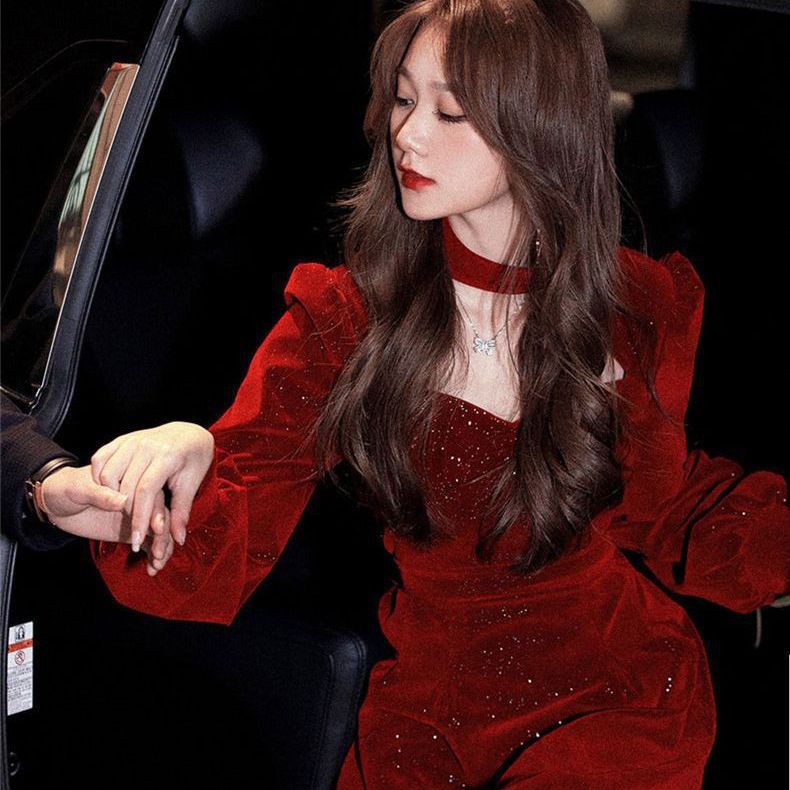 10個セット 秋冬おめでたいイブニングドレス本命年赤ベルベットワンピース女