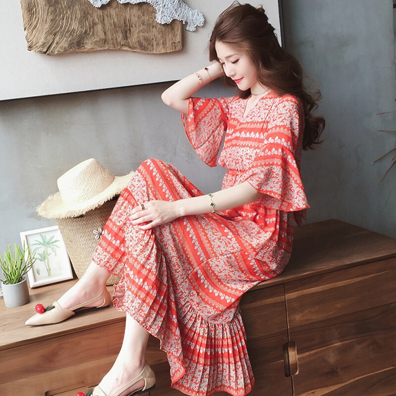 カシュクールワンピース ロングワンピース ロング丈 ミモレ丈 プリント柄 Vネック 半袖 5分袖 5,282円