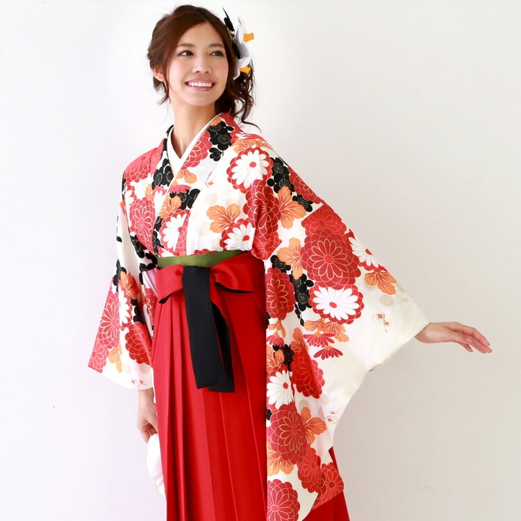 レンタル卒業式 袴 レンタル 女 袴セット 女 東レシルック 卒業式袴セット2尺袖着物＆日本製袴 フルセットレンタル 安い 白地に黒梅と金彩縁取り赤八重菊ハカマ はかま rental